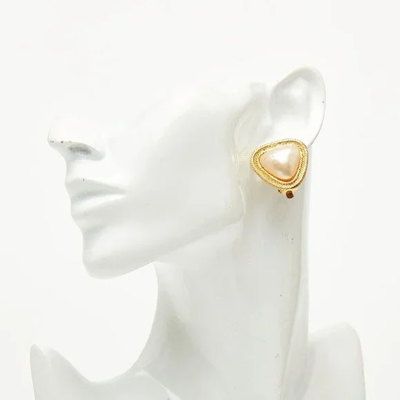 Chanel Vintage Triangle Earrings Gold White Plated Faux Pearl